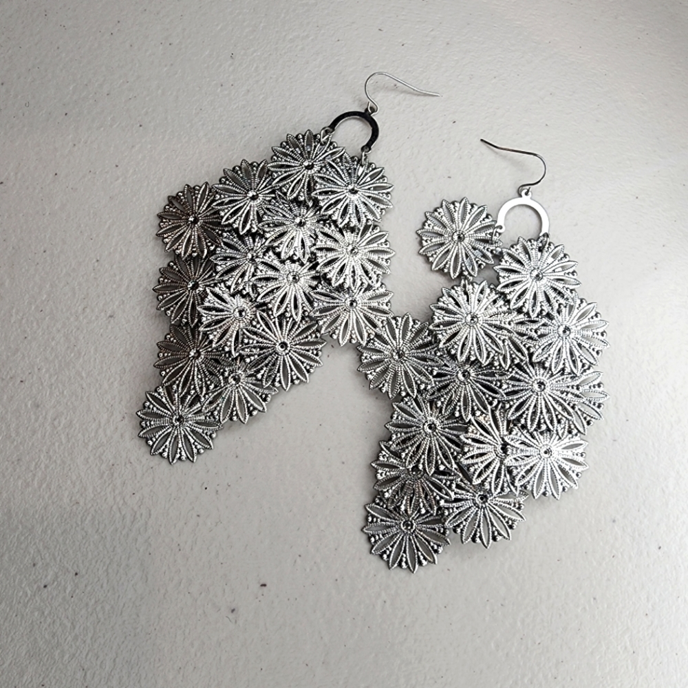 Silver Cascade Snowflake Dangle Drop Earrings
